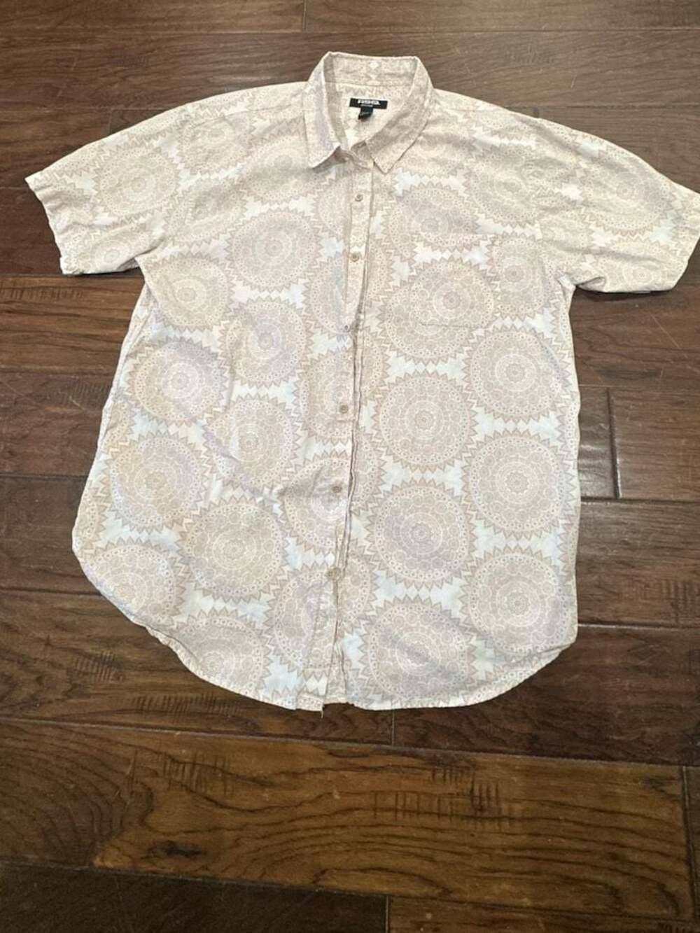 RSQ Tan Geometric Mandala Pattern Short Sleeve Button Down Shirt